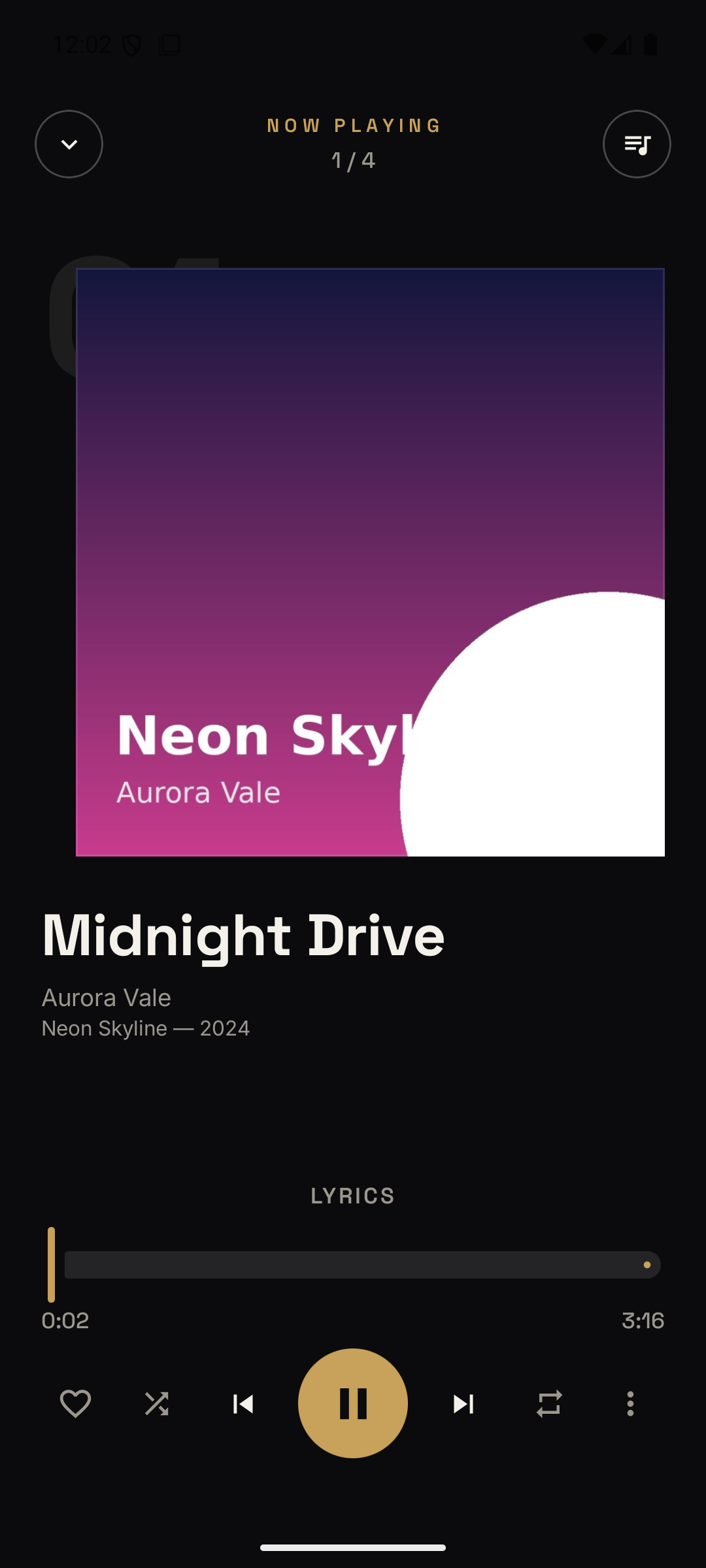 Music Player now-playing screen showing Midnight Drive by Aurora Vale